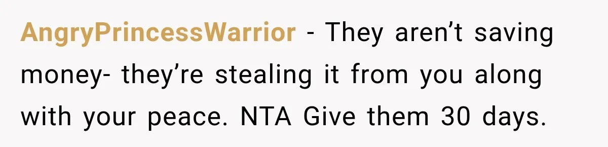 AngryPrincessWarrior − They aren’t saving money- they’re stealing it from you along with your peace. NTA Give them 30 days.