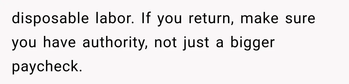 disposable labor. If you return, make sure you have authority, not just a bigger paycheck.