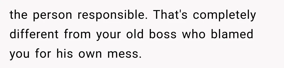 the person responsible. That's completely different from your old boss who blamed you for his own mess.