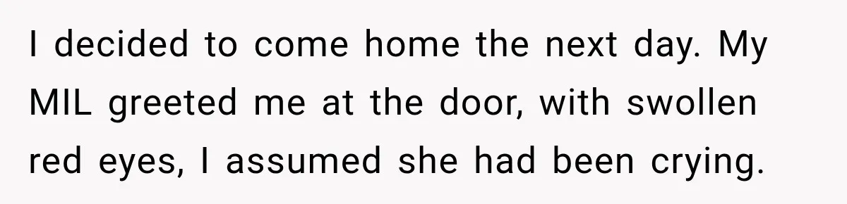 I decided to come home the next day. My MIL greeted me at the door, with swollen red eyes, I assumed she had been crying.