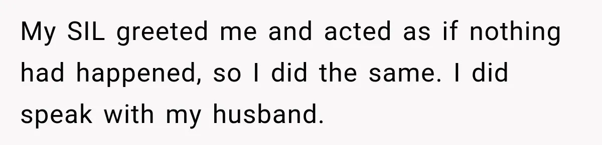 My SIL greeted me and acted as if nothing had happened, so I did the same. I did speak with my husband.