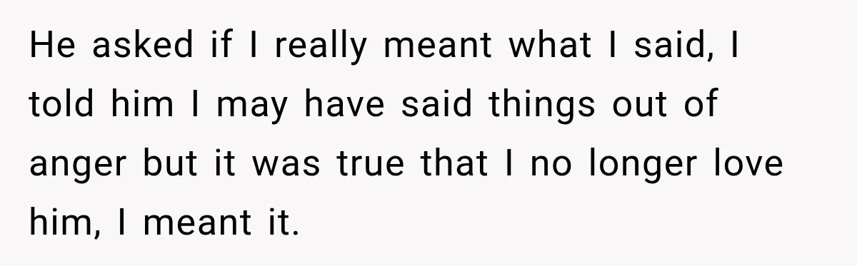 He asked if I really meant what I said, I told him I may have said things out of anger but it was true that I no longer love him,...