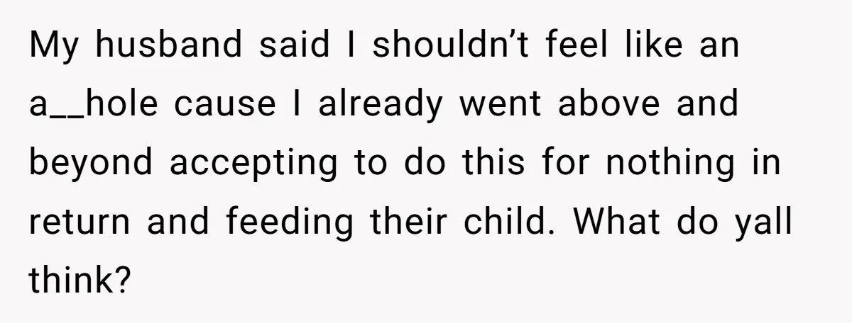 My husband said I shouldn’t feel like an a__hole cause I already went above and beyond accepting to do this for nothing in return and feeding their child. What do...