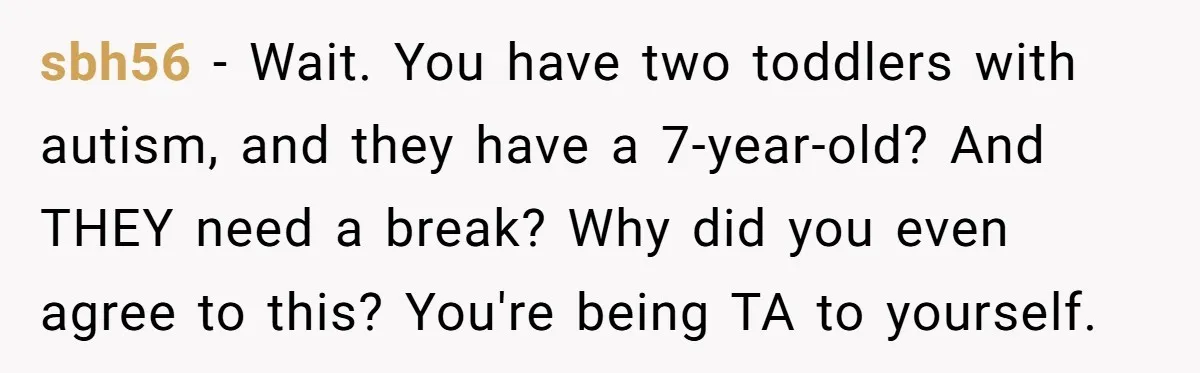 sbh56 − Wait. You have two toddlers with autism, and they have a 7-year-old? And THEY need a break? Why did you even agree to this? You're being TA to...