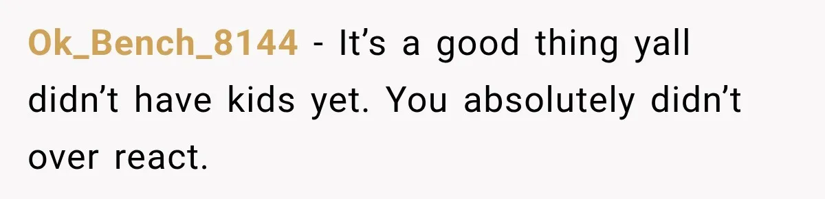 Ok_Bench_8144 − It’s a good thing yall didn’t have kids yet. You absolutely didn’t over react.