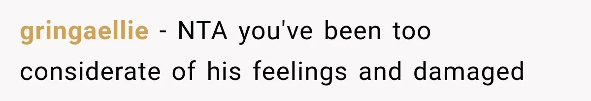 gringaellie − NTA you've been too considerate of his feelings and damaged