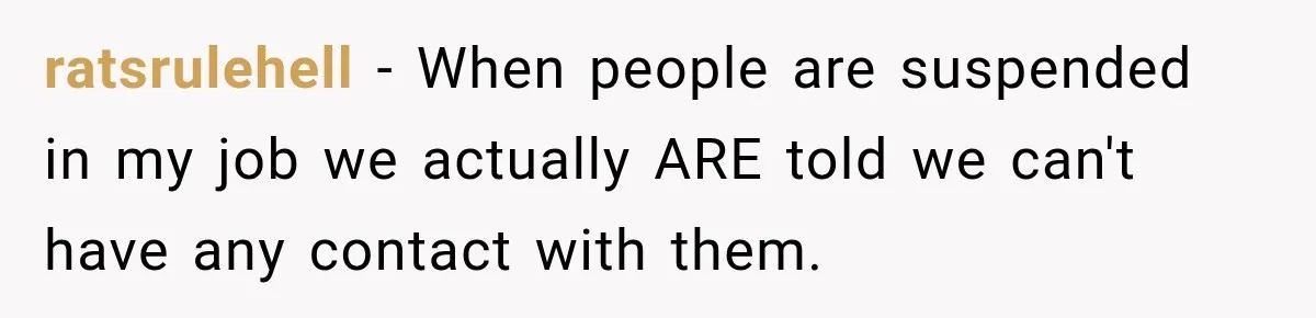 Man Gets Cleared at Work, Then Learns His Friend Lied About Why He Ghosted Him ratsrulehell − When people are suspended in my job we actually ARE told we can't have any contact with them.