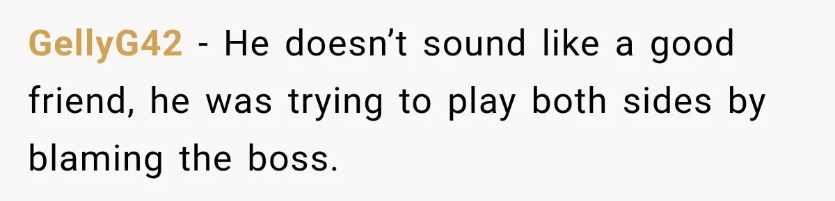 Man Gets Cleared at Work, Then Learns His Friend Lied About Why He Ghosted Him GellyG42 − He doesn’t sound like a good friend, he was trying to play both sides by blaming the boss.