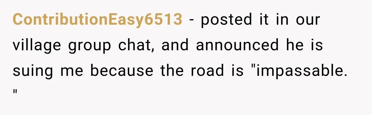 ContributionEasy6513 − posted it in our village group chat, and announced he is suing me because the road is "impassable. "
