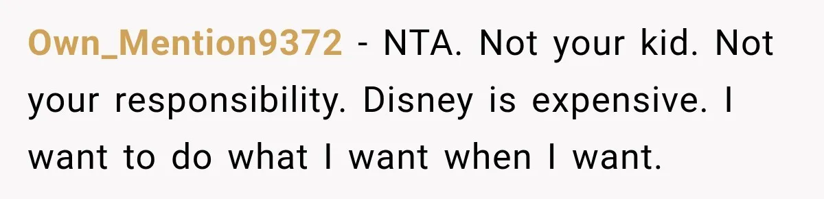 Own_Mention9372 − NTA. Not your kid. Not your responsibility. Disney is expensive. I want to do what I want when I want.