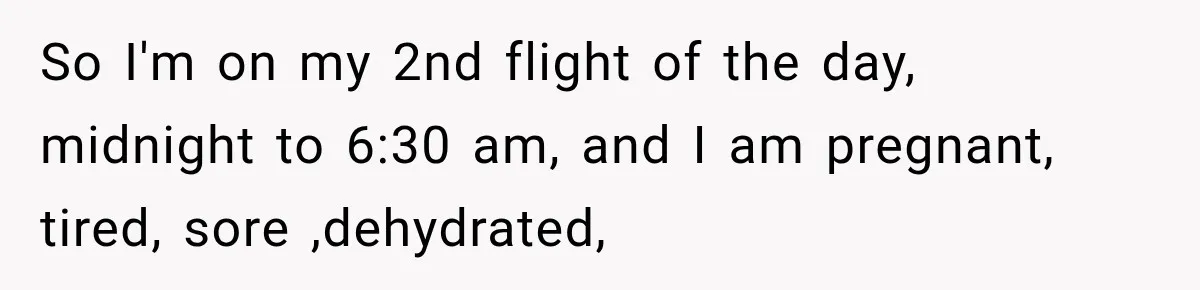 So I'm on my 2nd flight of the day, midnight to 6:30 am, and I am pregnant, tired, sore ,dehydrated,