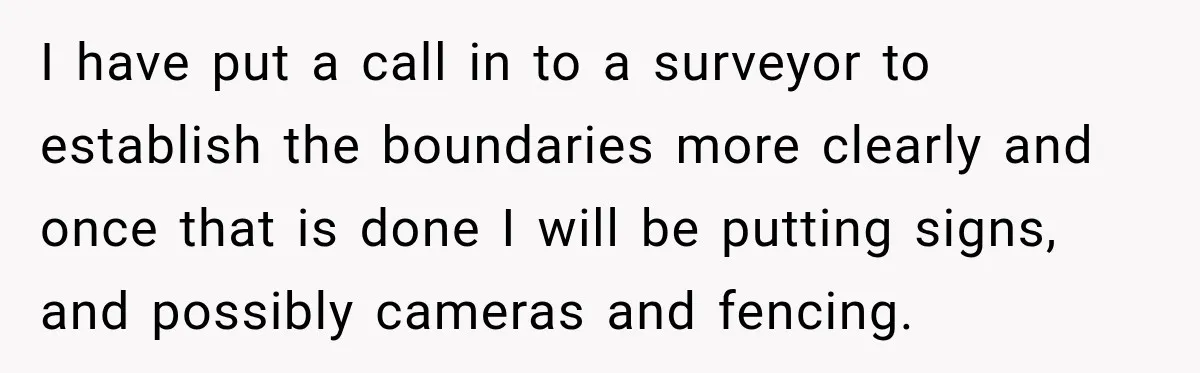 I have put a call in to a surveyor to establish the boundaries more clearly and once that is done I will be putting signs, and possibly cameras and fencing.