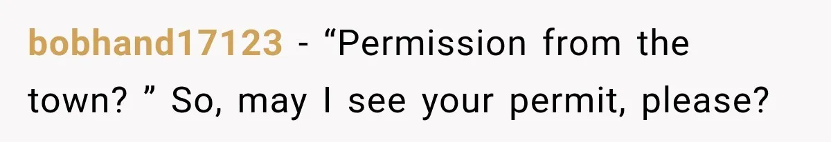 bobhand17123 − “Permission from the town? ” So, may I see your permit, please?