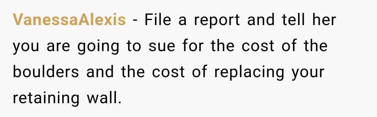 VanessaAlexis − File a report and tell her you are going to sue for the cost of the boulders and the cost of replacing your retaining wall.
