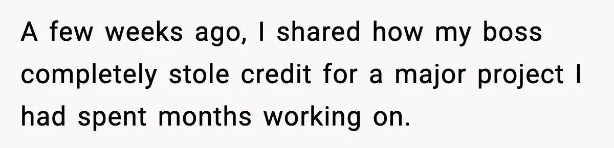 A few weeks ago, I shared how my boss completely stole credit for a major project I had spent months working on.