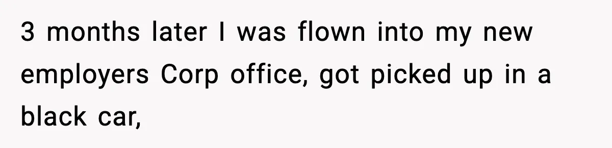 3 months later I was flown into my new employers Corp office, got picked up in a black car,