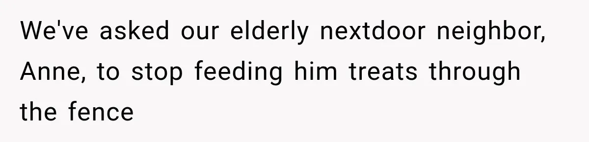 We've asked our elderly nextdoor neighbor, Anne, to stop feeding him treats through the fence