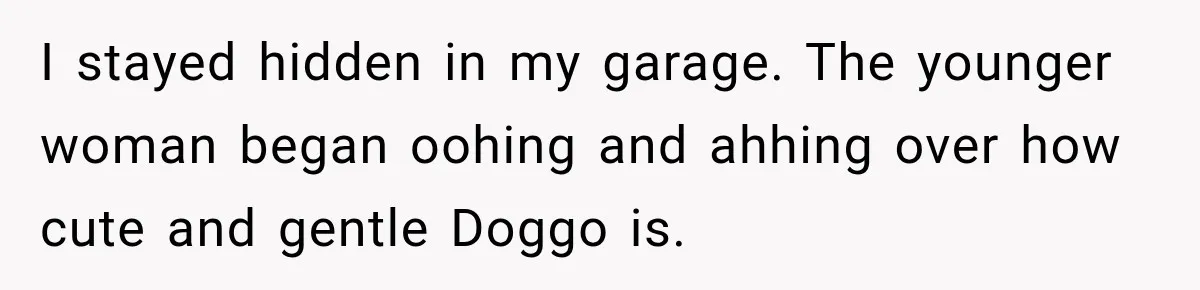 I stayed hidden in my garage. The younger woman began oohing and ahhing over how cute and gentle Doggo is.