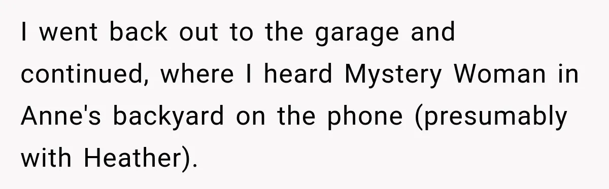 I went back out to the garage and continued, where I heard Mystery Woman in Anne's backyard on the phone (presumably with Heather).