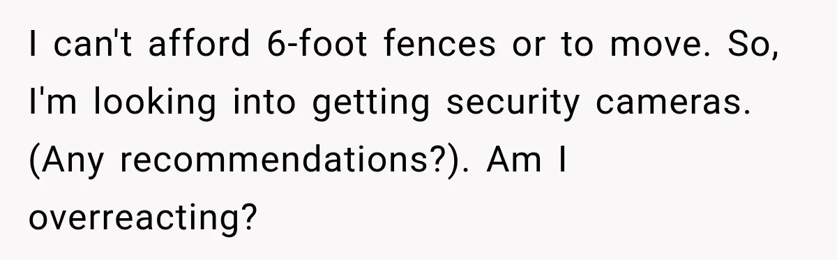 I can't afford 6-foot fences or to move. So, I'm looking into getting security cameras. (Any recommendations?). Am I overreacting?