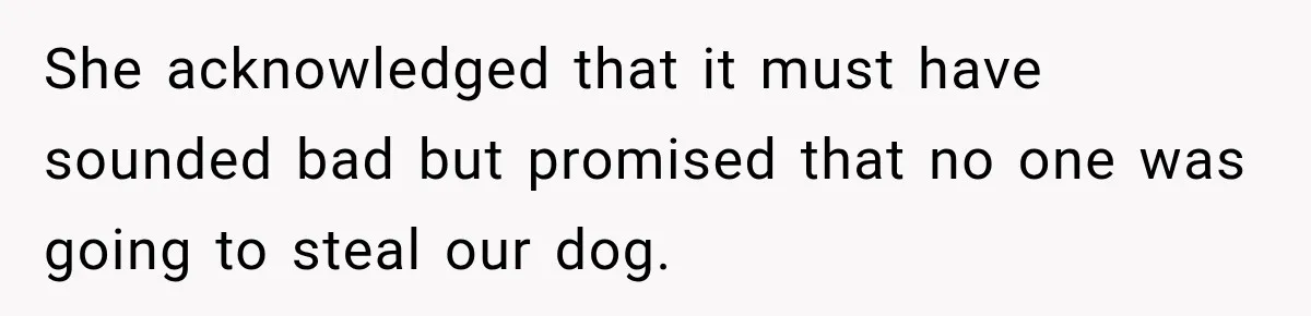 She acknowledged that it must have sounded bad but promised that no one was going to steal our dog.