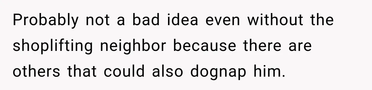 Probably not a bad idea even without the shoplifting neighbor because there are others that could also dognap him.