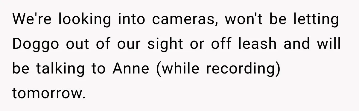 We're looking into cameras, won't be letting Doggo out of our sight or off leash and will be talking to Anne (while recording) tomorrow.