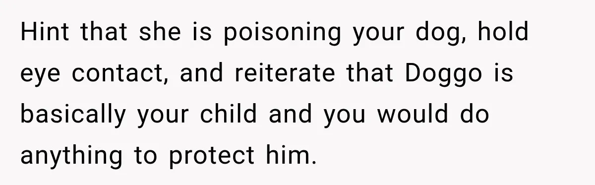Hint that she is poisoning your dog, hold eye contact, and reiterate that Doggo is basically your child and you would do anything to protect him.