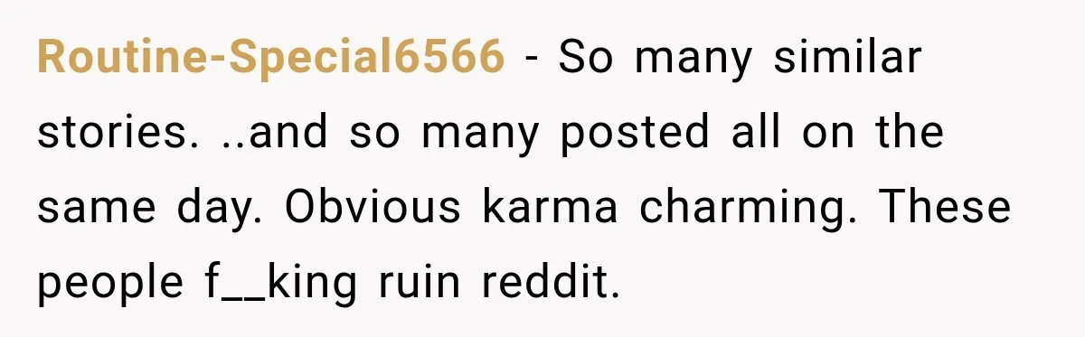 Routine-Special6566 − So many similar stories. ..and so many posted all on the same day. Obvious karma charming. These people f__king ruin reddit.