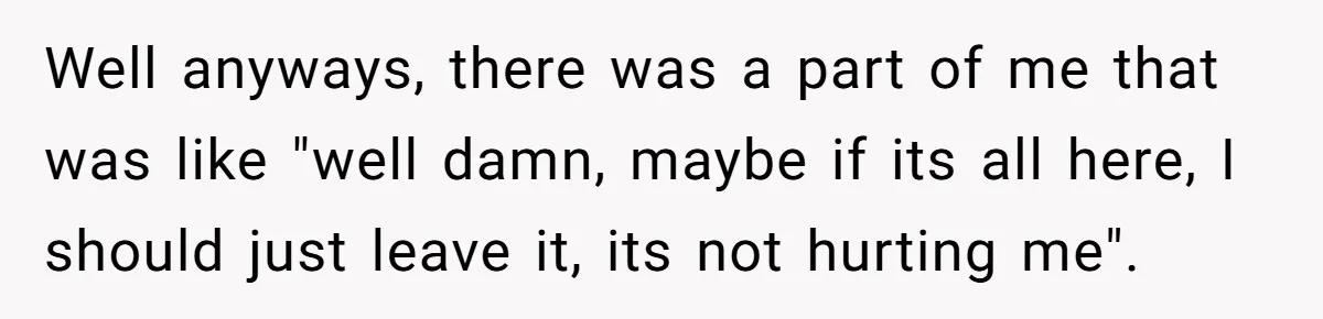 Well anyways, there was a part of me that was like "well damn, maybe if its all here, I should just leave it, its not hurting me".