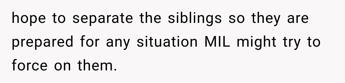 hope to separate the siblings so they are prepared for any situation MIL might try to force on them.