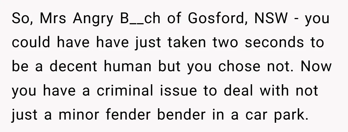 She Tried to Avoid the Police Over a Minor Parking Accident, Then Learned the Other Driver Had Made It a Legal Problem So, Mrs Angry B__ch of Gosford, NSW - you could have have just taken two seconds to be a decent human but you chose not. Now you have a criminal...