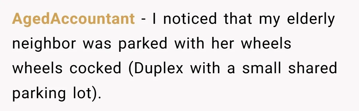 She Tried to Avoid the Police Over a Minor Parking Accident, Then Learned the Other Driver Had Made It a Legal Problem AgedAccountant − I noticed that my elderly neighbor was parked with her wheels wheels cocked (Duplex with a small shared parking lot).