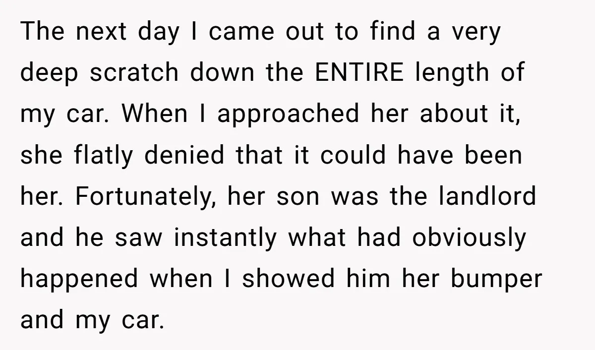 She Tried to Avoid the Police Over a Minor Parking Accident, Then Learned the Other Driver Had Made It a Legal Problem The next day I came out to find a very deep scratch down the ENTIRE length of my car. When I approached her about it, she flatly denied that it...
