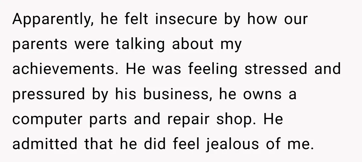 Apparently, he felt insecure by how our parents were talking about my achievements. He was feeling stressed and pressured by his business, he owns a computer parts and repair shop....