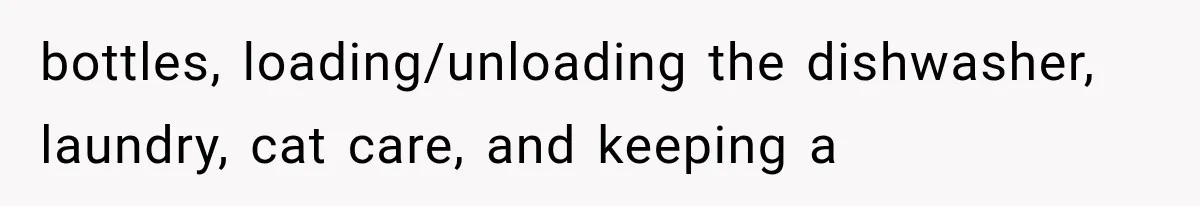 MIL Sends “Perfect Mother” Advice Right After Mom Asks For Help, And She’s Had Enough bottles, loading/unloading the dishwasher, laundry, cat care, and keeping a