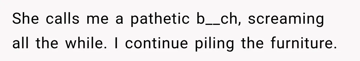 She calls me a pathetic b__ch, screaming all the while. I continue piling the furniture.