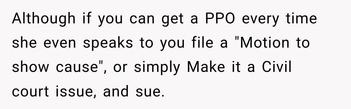 Although if you can get a PPO every time she even speaks to you file a "Motion to show cause", or simply Make it a Civil court issue, and sue.