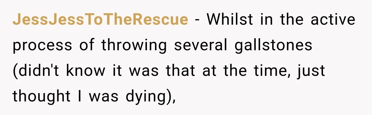 JessJessToTheRescue − Whilst in the active process of throwing several gallstones (didn't know it was that at the time, just thought I was dying),