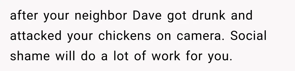 Man Finds His Chicken Coop Destroyed, Then Checks the Camera and Recognizes His Neighbor after your neighbor Dave got drunk and attacked your chickens on camera. Social shame will do a lot of work for you.
