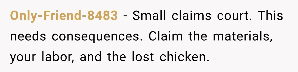 Man Finds His Chicken Coop Destroyed, Then Checks the Camera and Recognizes His Neighbor Only-Friend-8483 − Small claims court. This needs consequences. Claim the materials, your labor, and the lost chicken.