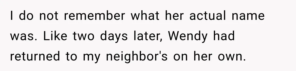 I do not remember what her actual name was. Like two days later, Wendy had returned to my neighbor's on her own.
