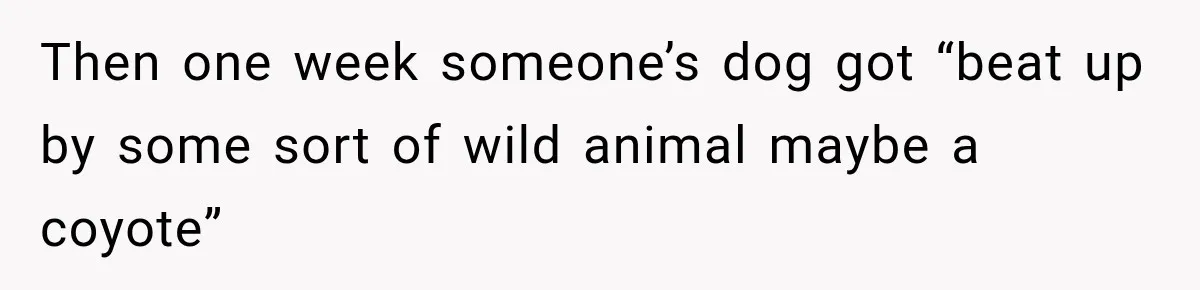 Then one week someone’s dog got “beat up by some sort of wild animal maybe a coyote”