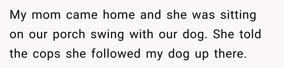 My mom came home and she was sitting on our porch swing with our dog. She told the cops she followed my dog up there.