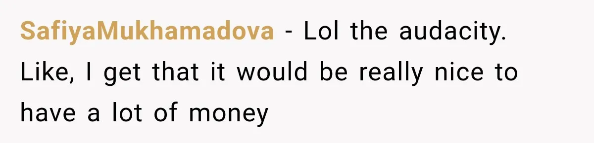 SafiyaMukhamadova − Lol the audacity. Like, I get that it would be really nice to have a lot of money