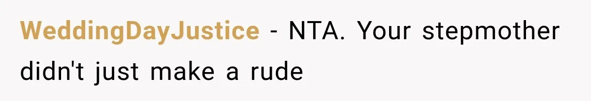 Stepmom Humiliates Groom At His Wedding, Then Loses Access To The Money She Loved WeddingDayJustice − NTA. Your stepmother didn't just make a rude