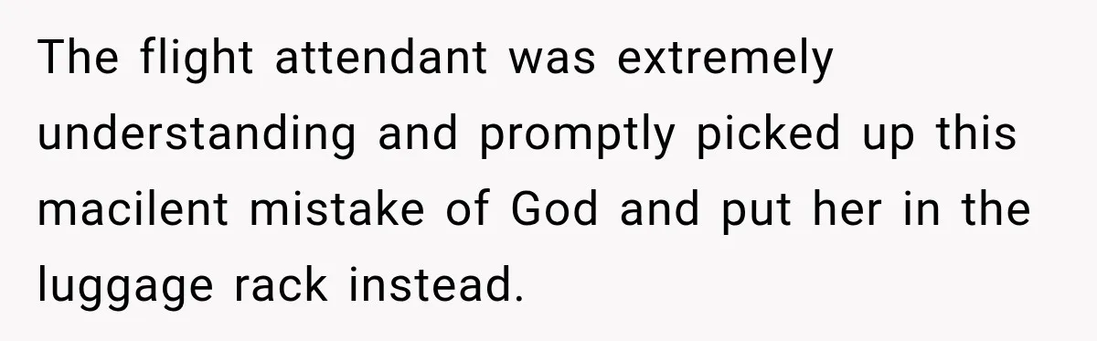 Woman Refuses to Sit Beside a Skinny Passenger, but Her Reasoning Gets More Absurd by the Sentence The flight attendant was extremely understanding and promptly picked up this macilent mistake of God and put her in the luggage rack instead.