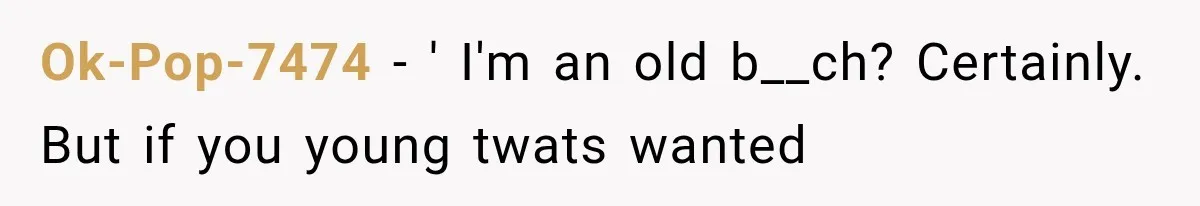 Ok-Pop-7474 − ' I'm an old b__ch? Certainly. But if you young twats wanted