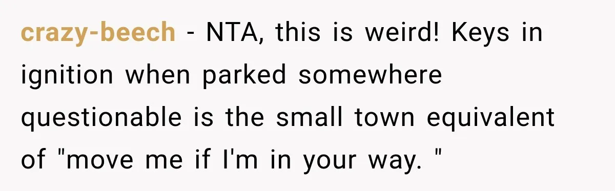 crazy-beech − NTA, this is weird! Keys in ignition when parked somewhere questionable is the small town equivalent of "move me if I'm in your way. "