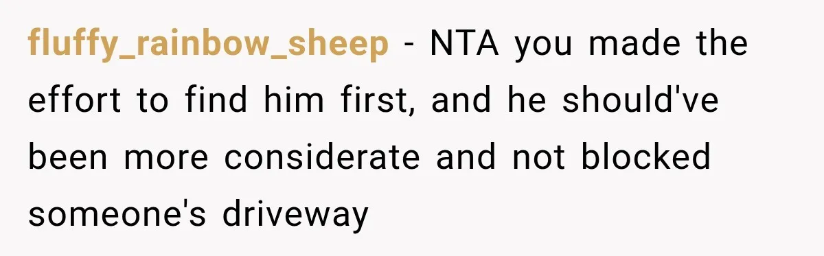 fluffy_rainbow_sheep − NTA you made the effort to find him first, and he should've been more considerate and not blocked someone's driveway